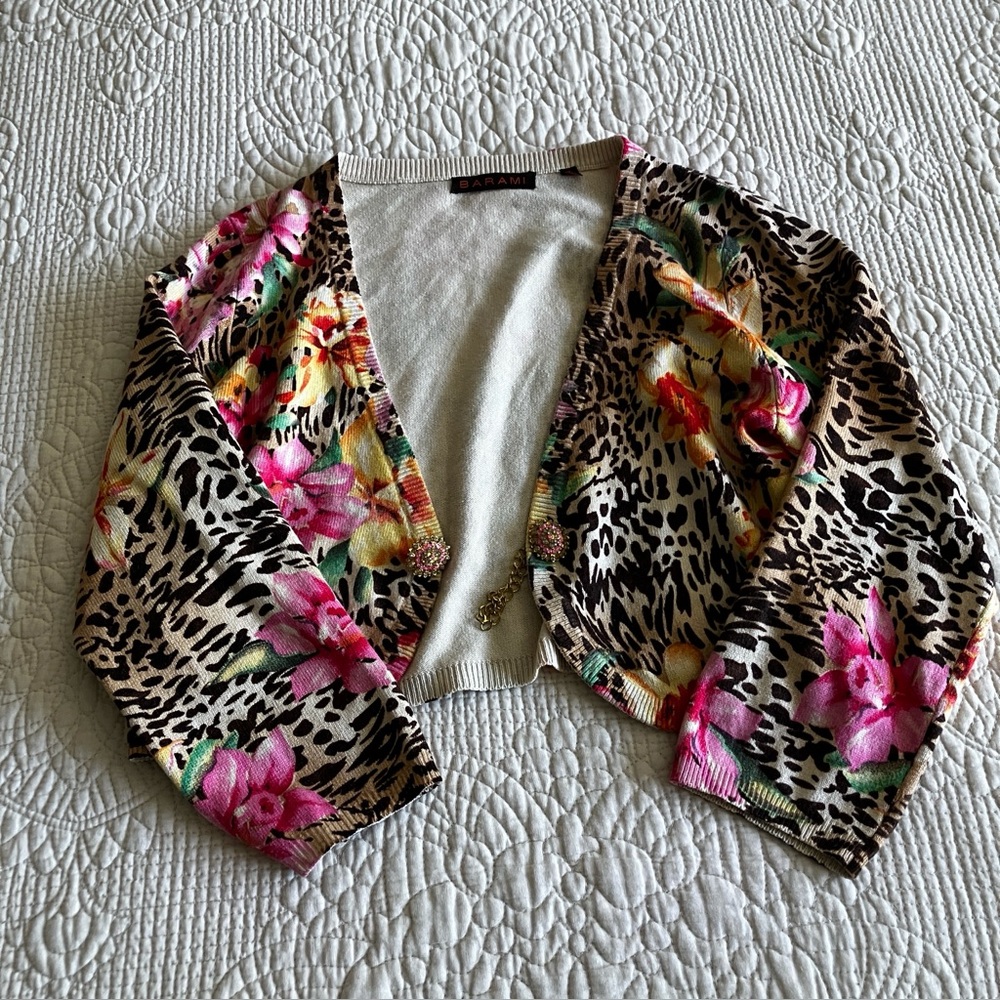 Barami silk/cashmere shrug w/animal print & floral motif